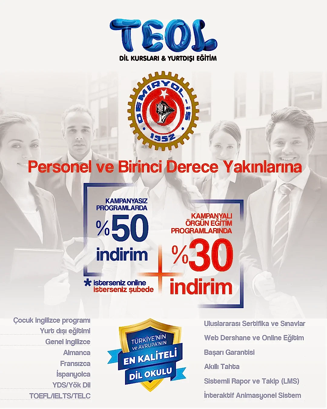 TEOL İZMİR ve DEMİRYOL-İŞ ARASINDA %30 İNDİRİMLİ DİL EĞİTİMİ