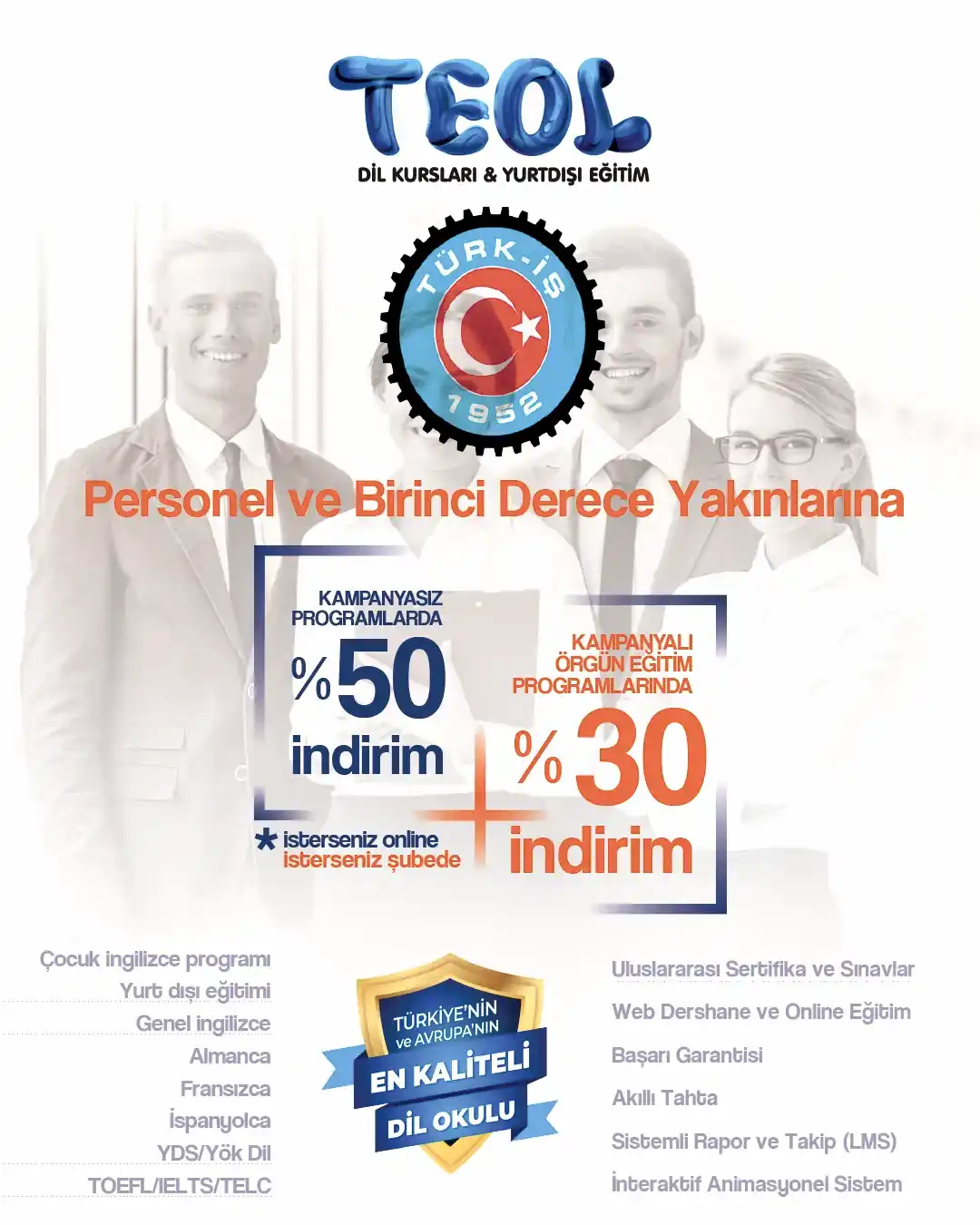 TEOL İZMİR ve TÜRK-İŞ ARASINDA %30 İNDİRİMLİ KURUMSAL ANLAŞMA